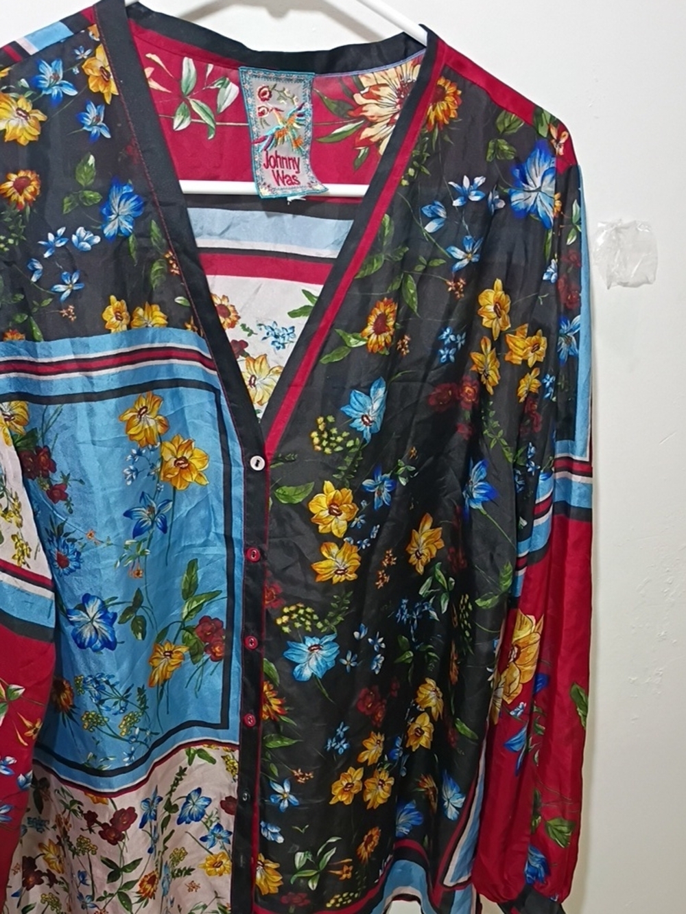Johnny Was Black, Blue & Red Floral Patchwork Button Blouse